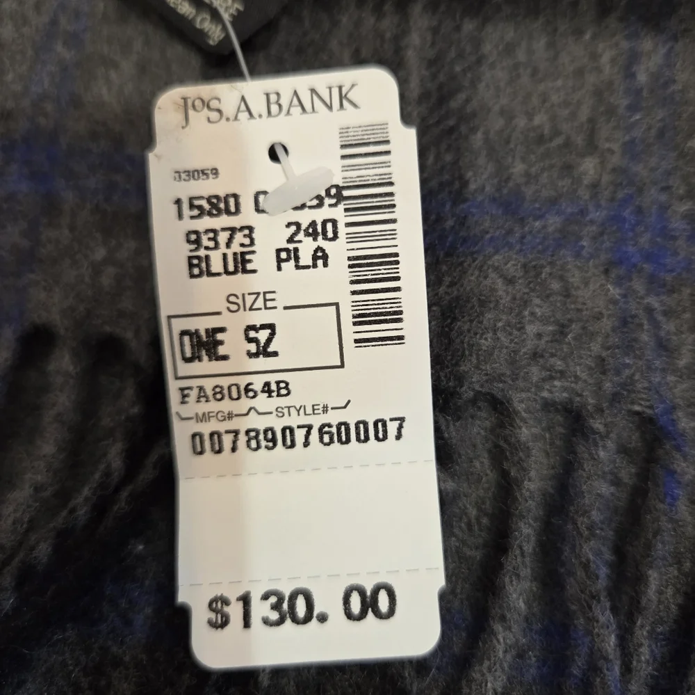 Jos. A. Bank Charcoal, Grey and Blue Checkered Cashmere Scarf NWT